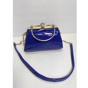 La Terre Blue Clutch Gold Chain Diamond Rhinestone Gem Adjustable Handbag Purse